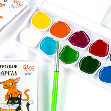 Набор акварельных красок Cats, 12 цветов, с кисточкой, ROSA Kids