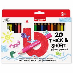 Набір дитячих кольорових олівців, 20 кольорів, товсті, короткі, + точилка для олівців, Bruynzeel