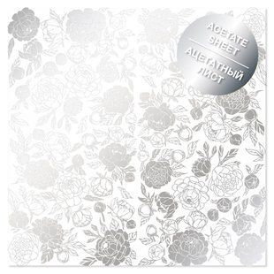 Ацетатний аркуш із фольгуванням Silver Peony Passion, 30,5х30,5 см, 200 г/м&sup2;, аркуш, Fabrika Decoru