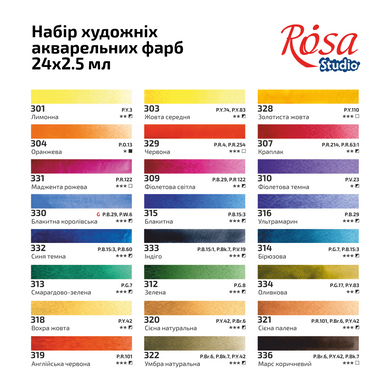 Набор акварельных красок ROSA Studio PLEIN AIR, 24х2,5 мл, кюветы, картонная упаковка