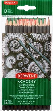Набор графитных карандашей Academy Sketching, металева коробка, 12 штук, Derwent