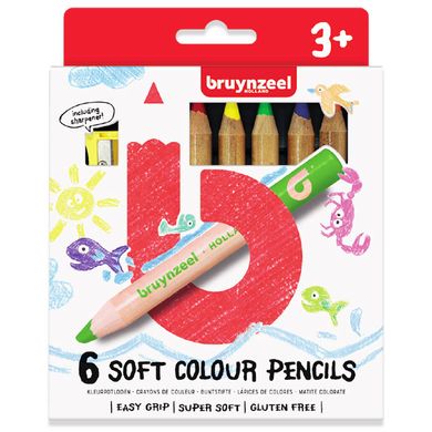 Набор детских цветных карандашей, 6 цветов, мягкие, + точилка для карандашей, Bruynzeel