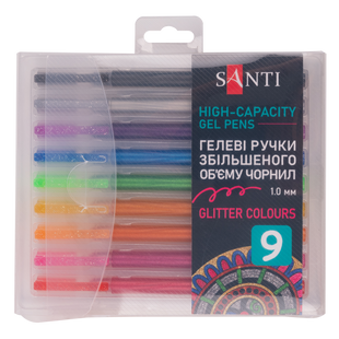 Набор гелевых ручек увеличенного объема чернил SANTI Glitter, 9 штук