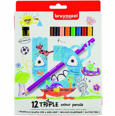 Набор детских трехгранных карандашей Triple, 12 цветов, + точилка для карандашей, Bruynzeel