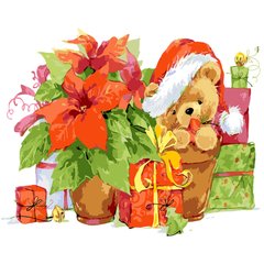 Картина за номерами Strateg ПРЕМІУМ Медведик з подарунками, подарунок лак + рівень, 40х50 см, GS1571