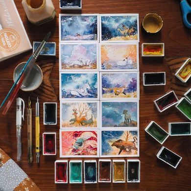 Набор акварели Gansai Tambi Watercolors Irodori Kobako Green 6 цветов, кисть-резервуар, линер, Kuretake
