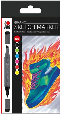 Набор двусторонних спиртовых маркеров Sketch Marker Graphix, 6 штук, HEAT, Marabu