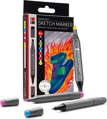 Набор двусторонних спиртовых маркеров Sketch Marker Graphix, 6 штук, HEAT, Marabu