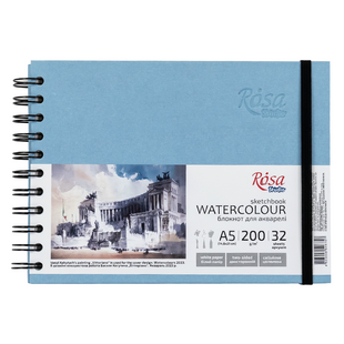 Блокнот для акварелі на спіралі ROSA Studio Watercolor, A5, 200 г/м2, 32 аркуші, горизонтальний, блакитний