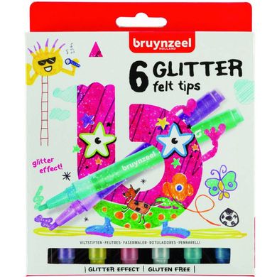 Набор детских фломастеров Glitter, 6 цветов, с глиттерами, Bruynzeel