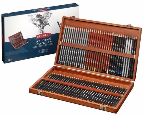 Набір чорнографітних акварельних олівців Sketching, дерев'яна коробка, 72 штуки, Derwent
