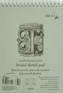 Альбом для ескізів на спіралі Authentic Bristol А4, 185 г/м2, 50 аркушів, білий, гладкий, Smiltainis