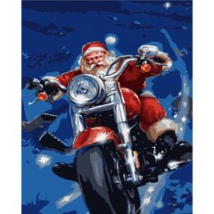 Картина за номерами Strateg ПРЕМІУМ Дід мороз на мотоциклі, подарунок лак + рівень, 40х50 см, GS1555